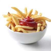 Französisch Fritten im Schüssel mit Ketchup Soße auf Weiß Hintergrund. ai generativ foto