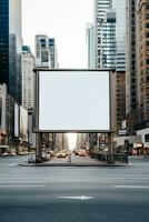 leer Plakatwand Rahmen eingebettet inmitten ein geschäftig städtisch Landschaft, öffnen Segeltuch zum Kreativität ai generativ foto