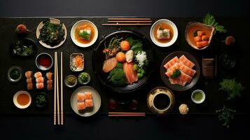 oben Aussicht von ein einfach asiatisch Mahlzeit Ramen Knödel und Sushi illustrieren vielfältig Aromen ai generativ foto