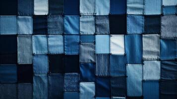 kreativ Patchwork von Denim Texturen im verschiedene Schatten von Blau, Ideal zum jugendzentriert Mode Anzeige ai generativ foto