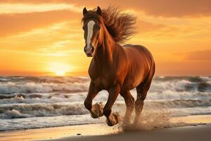 dynamisch Bild von ein Pferd galoppierend über ein sandig Strand gegen ein atemberaubend Sonnenuntergang ai generativ foto