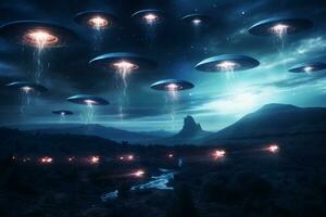dramatisch Darstellung von ein UFO Flotte im das Nacht Himmel Signalisierung ein möglich Außerirdischer Begegnung ai generativ foto