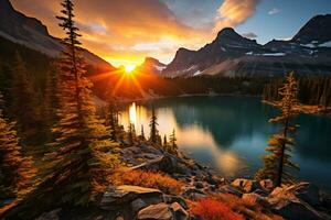 ätherisch Landschaft Schuss Erfassen das Sonne golden Farbton Über majestätisch Berge und heiter Seen ai generativ foto