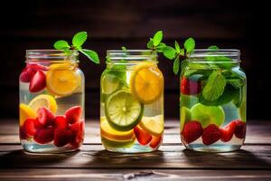 modisch Sortiment von Entgiftung Obst Wasser im beschwingt Mason Gläser auf ein rustikal hölzern Tischplatte ai generativ foto