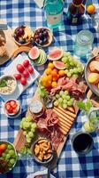 Antenne Aussicht von ein Sommer- Picknick präsentieren draussen Essen auf ein kariert Decke ai generativ foto