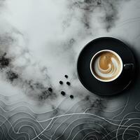 Antenne Aussicht von dämpfen Kaffee Tasse auf geometrisch gemustert Oberfläche mit reichlich Kopieren Raum ai generativ foto