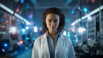 Porträt von ein jung weiblich Wissenschaftler Arbeiten im ein Labor. Frau gekleidet im ein Weiß Labor Mantel und sieht aus beim das Kamera. foto