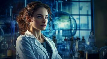 Porträt von ein weiblich Wissenschaftler Arbeiten im ein Labor. Wissenschaft, Chemie, Biologie, Medizin und Menschen Konzept. foto