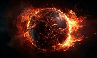Fußball Ball im Feuer Flammen mit schwarz Hintergrund ai generiert foto