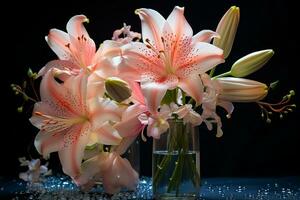 Sortiment von aromatisch frisch Blumen - - Lilien, Orchideen, Rosen, Eukalyptus - - im Glas Vasen mit Wasser Tröpfchen auf das Blütenblätter. ai generiert. foto