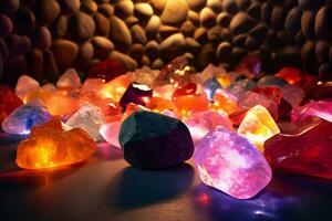 ein Stapel von bunt Himalaya Felsen Salz- Kristalle auf das Beton Fußboden im ein Spa Salon mit Stein Wände. generativ ai Illustration. foto