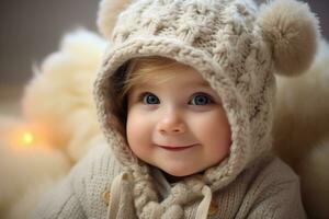 ein bezaubernd Baby tragen ein groß klobig stricken Hut, rosig Wangen, sanft lächelnd, Sanft natürlich Beleuchtung. ai generiert. foto
