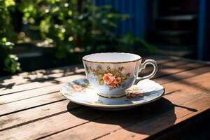 leeren Teetasse mit ein Untertasse, platziert auf ein draussen hölzern Tabelle auf ein sonnig Nachmittag, hervorrufen ein Sinn von Freizeit und Betrachtung. foto