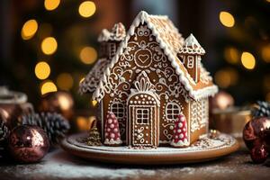 ein vorsichtig dekoriert Lebkuchen Haus, kompliziert Glasur Einzelheiten. gemütlich und festlich Atmosphäre. ai generiert. foto