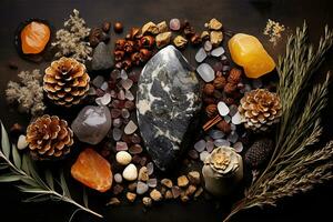 Anordnung von natürlich Spa Objekte - - Geoden, Kristalle, getrocknet Blumen, Kiefer Zapfen, Fluss Felsen. ai generiert. foto