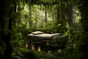 Couch und Kerzen im ein Grün szenisch Wald - - ein Gesundheit Spa und Natur Meditation Center. generativ ai Illustration. foto