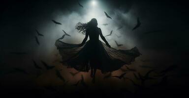 Silhouette von Frau im lange schwarz Kleid umgeben durch Fledermäuse, unfruchtbar Landschaft, Symbol von Angst und Geheimnis. ai generiert. foto