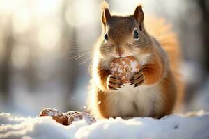 ein Eichhörnchen Essen ein Weihnachten Plätzchen im das Schnee, Nahansicht Sicht. Niedlichkeit und winterlich Charme Konzept. ai generiert. foto