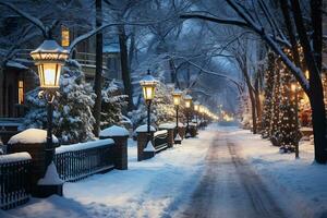 ein schneebedeckt Straße mit viktorianisch Stil Laternen Beleuchtung oben das Schnee und Bäume. ein Winter Abend im ein klein Stadt. ai generiert. foto