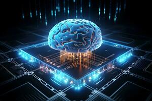 abstrakt futuristisch Mensch Gehirn mit Schaltkreis Tafel und Maische Linie zu Verbindung. Technologie Netz Hintergrund, Maschine Lernen kognitiv Wissenschaften Konzept. generativ ai. foto
