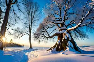 schön Aussicht von schneebedeckt Bäume im Winter ai generativ foto