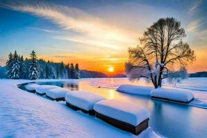 schön Aussicht von schneebedeckt Bäume im Winter ai generativ foto