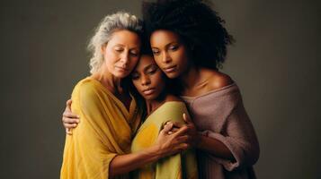 Gruppe von Frauen umarmen sich mit Liebe und Pflege wie ein Familie, Tag zum das Beseitigung von Gewalt gegen Frauen Konzept, generativ ai Illustration foto