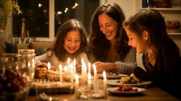 glücklich verlängert jüdisch Familie feiern Chanukka während Versammlung beim Essen Tisch, Kerzenlicht Das scheint hell, generativ ai Illustration foto