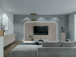 elegant Leben Zimmer mit grau Mauer Textur Farbe LED Beleuchtung Fernseher Platzierung und schick Einrichtung 3d Rendern foto