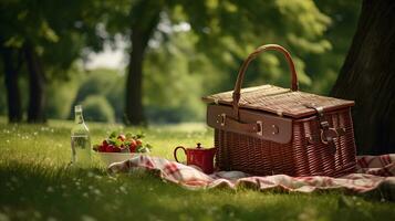 Picknick Korb auf Grün Gras im das Park ai generiert foto