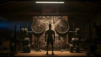 zurück Aussicht von ein jung männlich Athlet Heben Gewichte im ein Fitnessstudio beim Nacht ai generiert foto