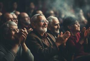 reifen Menschen klatschen ihr Hände während Sitzung beim das Kino Halle ai generiert foto