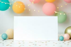 Geburtstag Party Karte mit Luftballons, Kuchen, Kerzen, Flagge und Geschenk box.kid Geburtstag Party Einladung und Gruß Karte Konzept. ai generiert foto