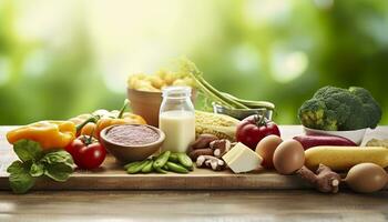 Nahansicht von Gemüse, Früchte, und Fleisch auf hölzern Tabelle Über Grün natürlich Hintergrund. generativ ai foto