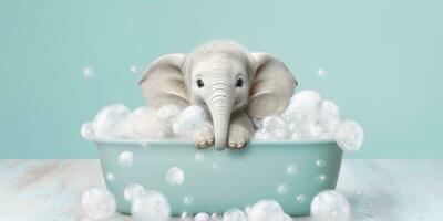 minimalistisch Albino Elefant im ein Badewanne von Seife Luftblasen gegen ein cyan Hintergrund. ai generativ foto