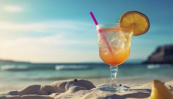 Cocktail Glas auf das sandig Strand in der Nähe von das Meer im Sommer- Zeit. generativ ai foto