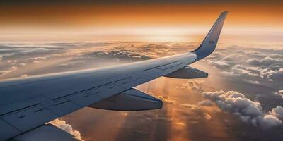 Flugzeug Flugzeug Flügel beim Sonnenuntergang Zeit durch Wolken, ai generativ foto