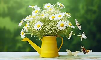 Kamille Blumen Strauß im Bewässerung können und Schmetterling auf das Tabelle im das Garten. generativ ai foto