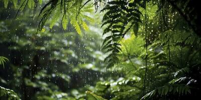 Regen Stürze im ein Regenwald mit das Regen Tropfen. generativ ai foto