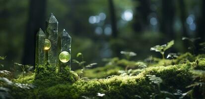 Kristalle mit Mond Phasen Bild von Moos im ein mysteriös Wald, natürlich Hintergrund. generativ ai foto