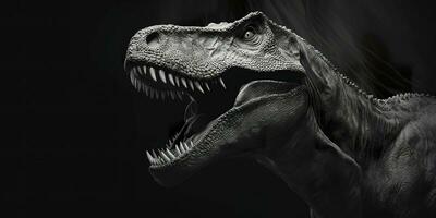 schwarz und Weiß fotorealistisch Studio Porträt von ein Tyrannosaurus rex auf schwarz Hintergrund. generativ ai foto