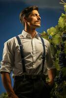 ein Weinberg Manager Überwachung das Wachstum von Weinreben isoliert auf ein Gradient Hintergrund foto