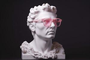 das Kopf von ein Weiß mythologisch Statue mit modisch Rosa Brille auf seine Augen, Rahmen im Profil. ai generativ foto