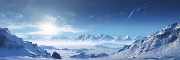 riesig verlassen Schnee Land, groß Berge im das Hintergrund, Schneefall mit Licht Blau Himmel und Licht Blau Farben, friedlich Atmosphäre, ai generativ foto