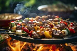 Grill Essen Party Sommer- Grillen Fleisch im das Nachmittag von Wochenende glücklich Party. ai generativ foto