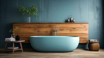 komfortabel Badewanne und Nichtigkeit mit Becken Stehen im modern Badezimmer mit Blau und hölzern Wände und hölzern Boden. generativ ai foto