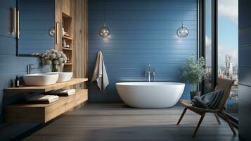 komfortabel Badewanne und Nichtigkeit mit Becken Stehen im modern Badezimmer mit Blau und hölzern Wände und hölzern Boden. generativ ai foto