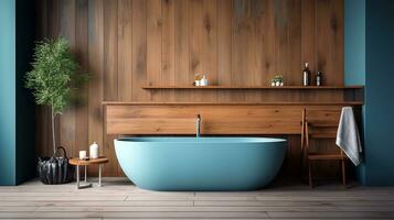 komfortabel Badewanne und Nichtigkeit mit Becken Stehen im modern Badezimmer mit Blau und hölzern Wände und hölzern Boden. generativ ai foto