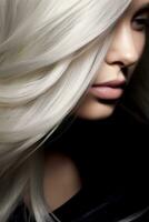 Nahansicht von ein jung schön Frau mit Weiß Haar. Inhalt zum Sozial Netzwerke von Schönheit Salons und Lebensstil foto