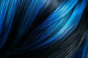 ein Nahansicht Aussicht von ein Bündel von glänzend extrem Blau Haar im ein wellig Stil.sozial Medien Inhalt zum Schönheit Salons. Haar Farbstoff Farbe im das Katalog. generativ ai foto